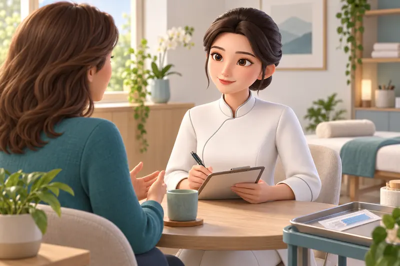 Nihao conversa com uma mulher e faz anotações; materiais fechados de acupuntura ficam sobre uma bandeja. Cena ilustrativa.