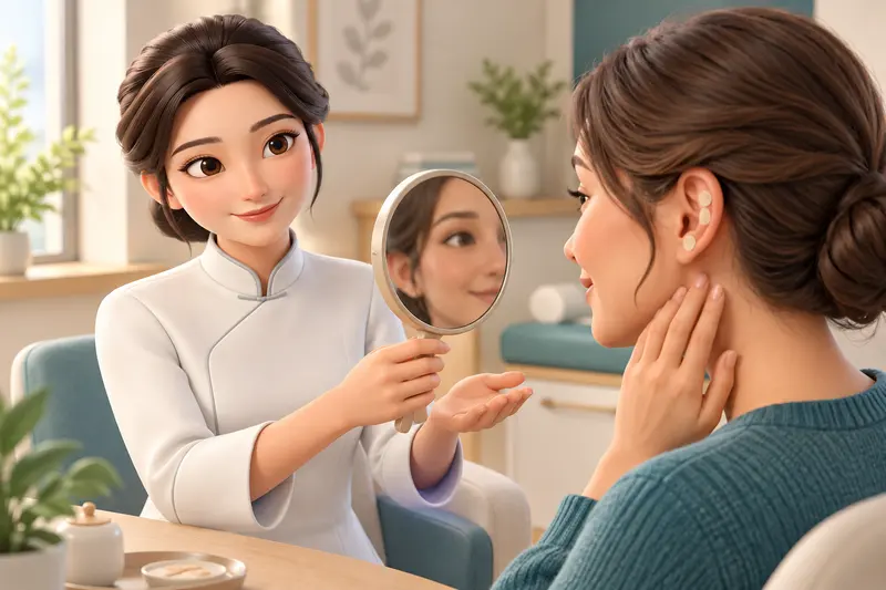 Nihao mostra um espelho a uma mulher com um pequeno adesivo representado na orelha. Cena ilustrativa, sem mapa de pontos.