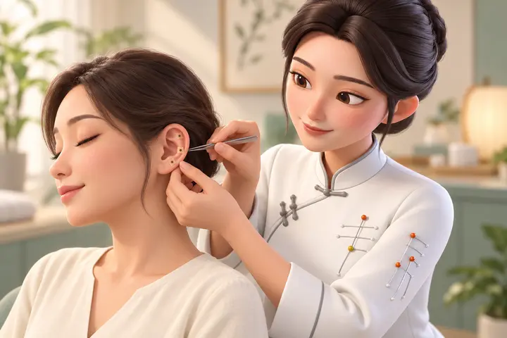 Ilustração da Nihao aplicando auriculoterapia com sementes na orelha de uma pessoa.