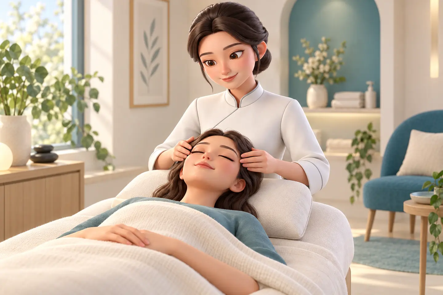 Nihao apoia suavemente os dedos nas laterais da cabeça de uma mulher deitada e coberta por uma manta. Cena ilustrativa.