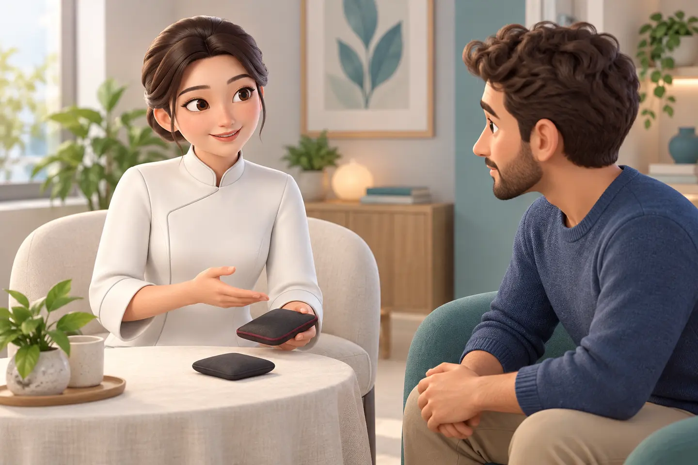 Nihao apresenta dois ímãs cobertos a um homem sentado durante uma conversa. Cena ilustrativa.