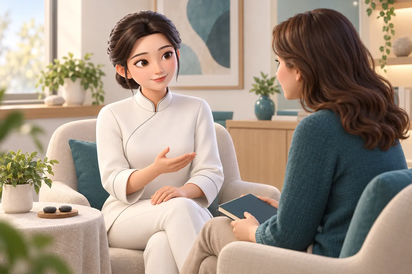 Nihao conversa com uma mulher que segura um caderno fechado; pequenos objetos representam ímãs na mesa lateral. Cena ilustrativa.