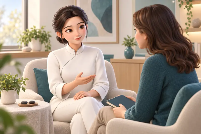 Nihao conversa com uma mulher que segura um caderno fechado; pequenos objetos representam ímãs na mesa lateral. Cena ilustrativa.