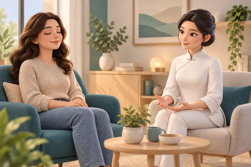 Uma mulher permanece sentada de olhos fechados enquanto Nihao conduz uma conversa a uma distância confortável. Cena ilustrativa.