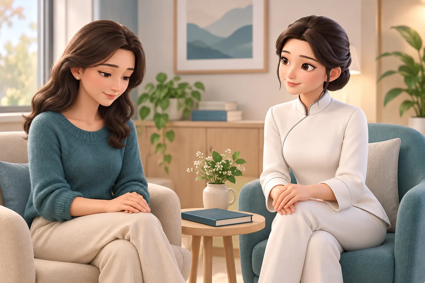 Nihao e uma mulher sentadas em poltronas, com um álbum fechado na mesa entre elas. Cena ilustrativa de reflexão.