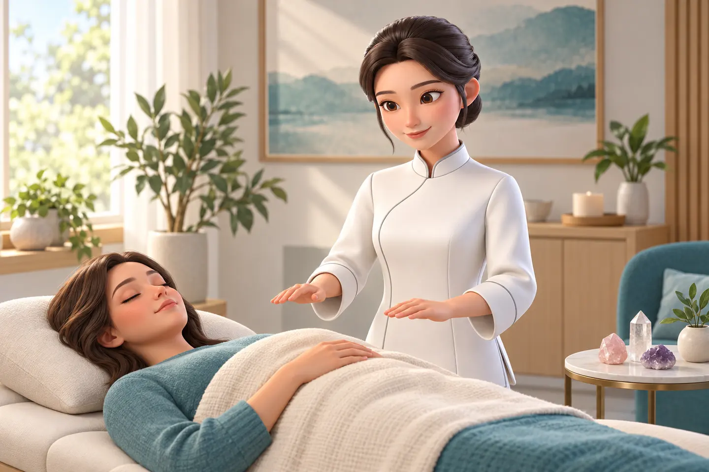 Nihao mantém as mãos próximas à manta de uma mulher deitada; três cristais ficam na mesa lateral. Cena ilustrativa.