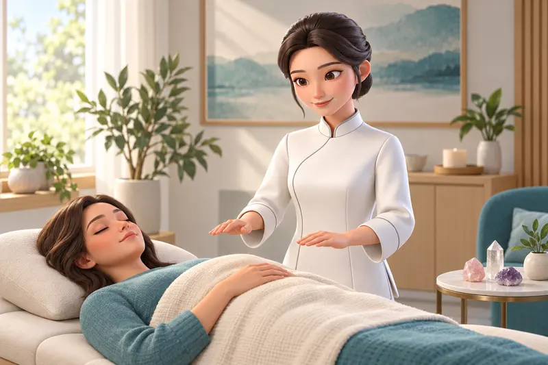 Nihao mantém as mãos próximas à manta de uma mulher deitada; três cristais ficam na mesa lateral. Cena ilustrativa.