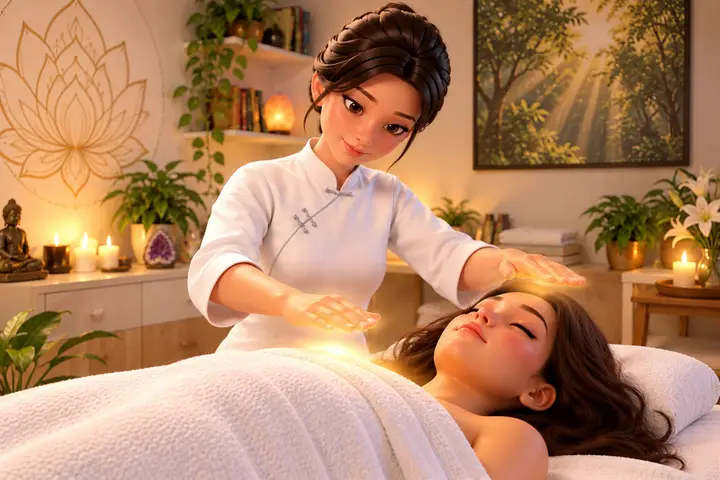 Ilustração da Nihao em uma representação de Reiki com cristais.