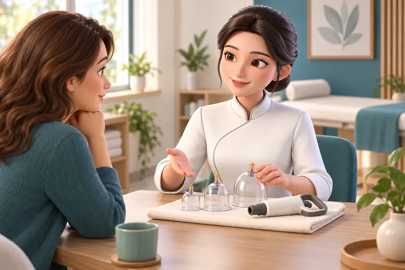 Nihao apresenta ventosas transparentes e uma bomba manual a uma mulher durante uma conversa. Cena ilustrativa.